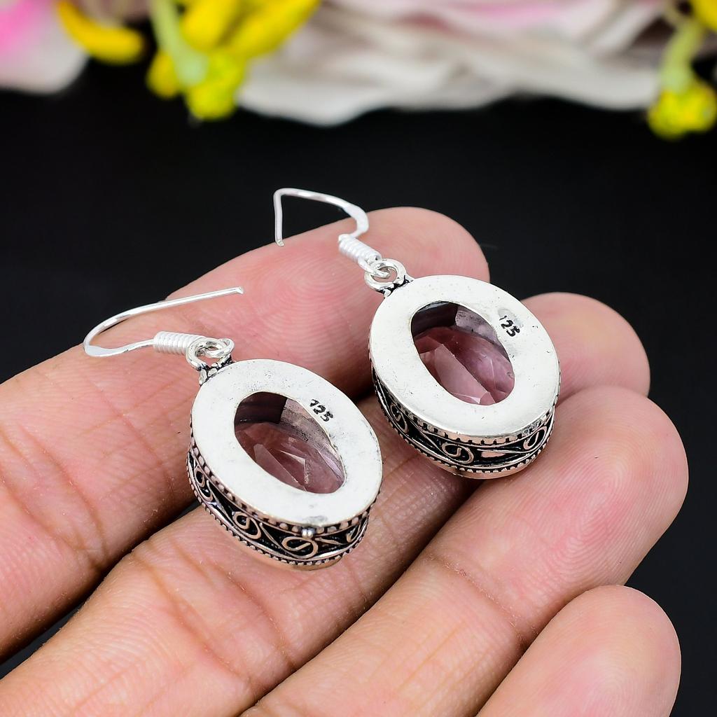 Pink Kunzite Gemstone Handmade 925 Sterling Silver Jewelry Earring 1.62" KG-293