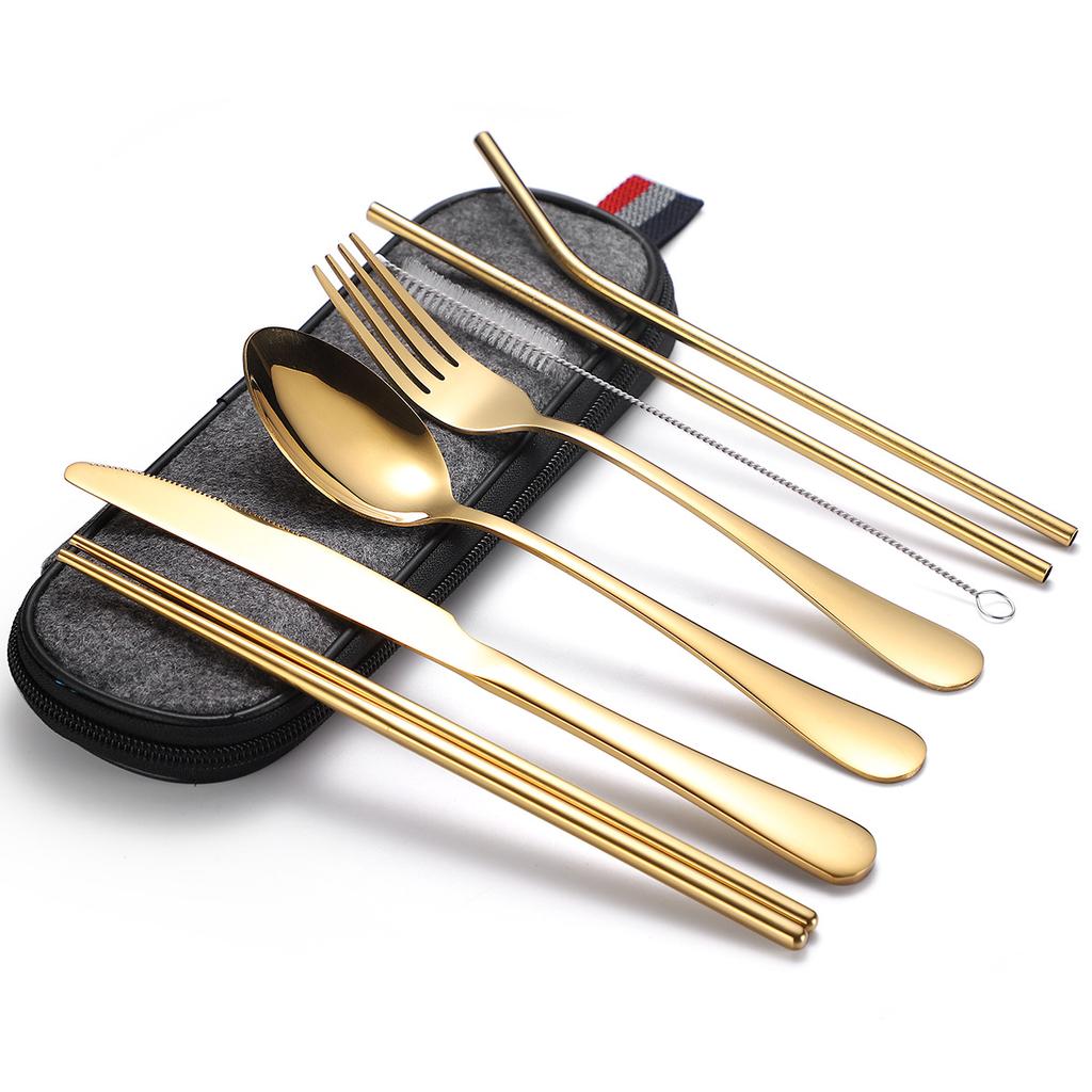 Stainless Steel Tableware Set, Portable 7-piece Set, Knife, Fork, Spoon, Chopsticks, Straw, Camping Supplies Storage, Cross-border Durability 2026