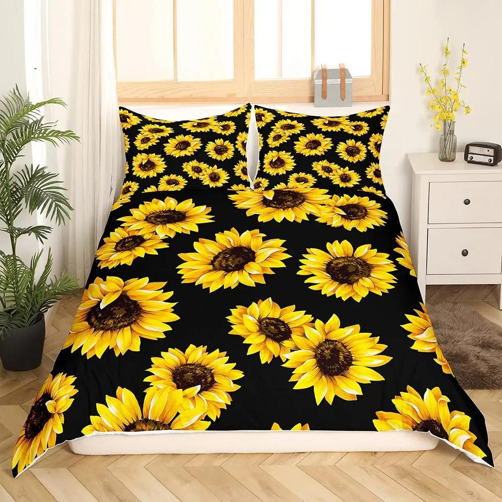 Sunflower Duvet Cover Set Yellow Flower Bedding Set Sunflower Botanical Floral Garden Bloom Print on Black Polyester Quilt Cover