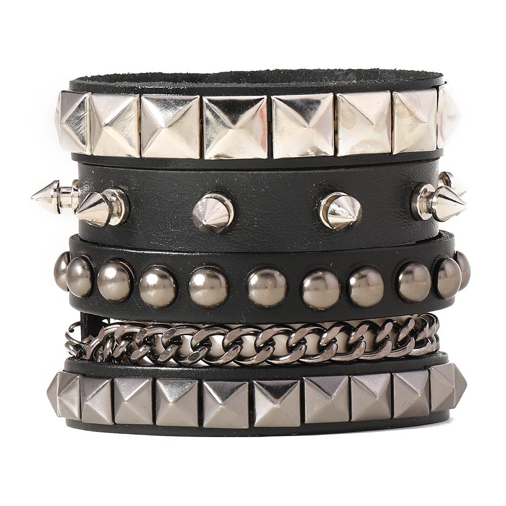 European & American Punk Men s Multi-Layer Retro Iron Resin Bangle with Personality Rivet Chain Headscarves AD чёрный
