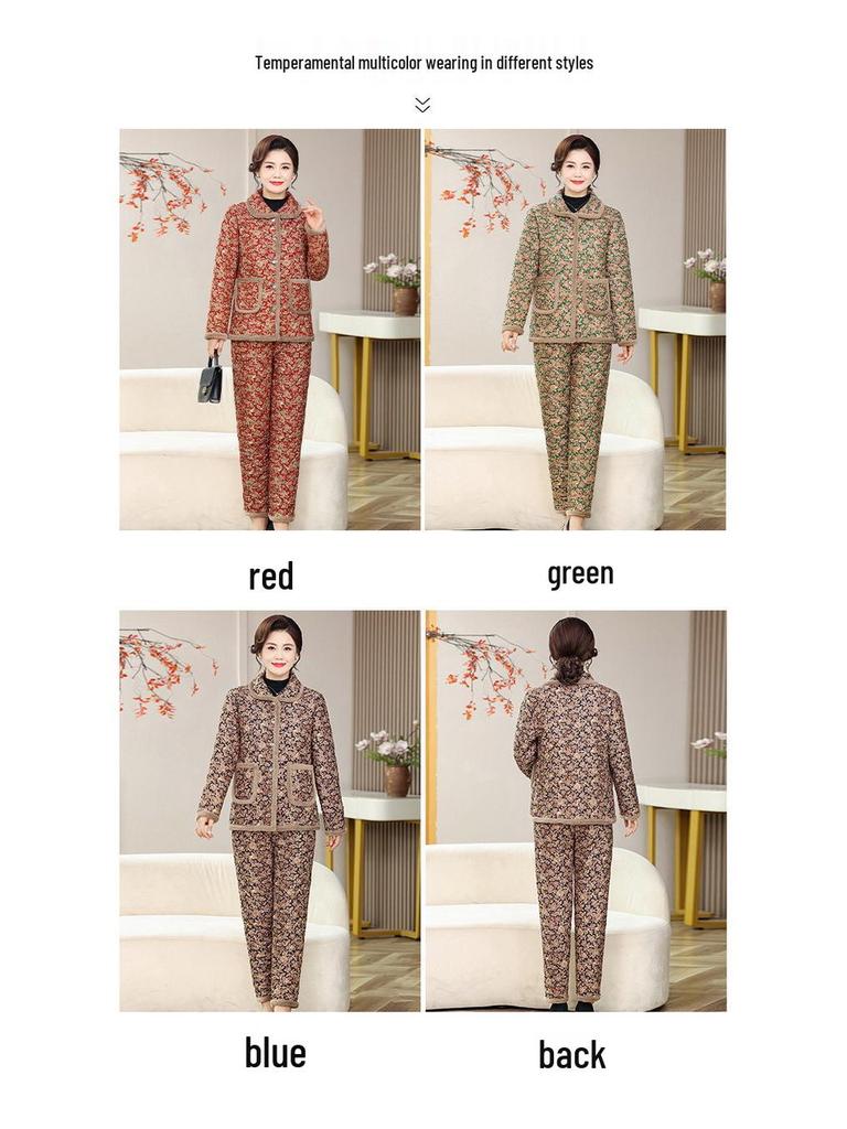 Mom's Winter Plus Velvet Cotton Jacket & Pants Set - Fashionable and Cozy Two-Piece Home Pajamas