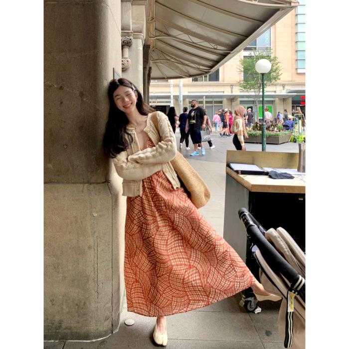 

Temperament vacation style retro suspender dress women s summer orange plaid v-neck skirt loose and thin a-word long dress S