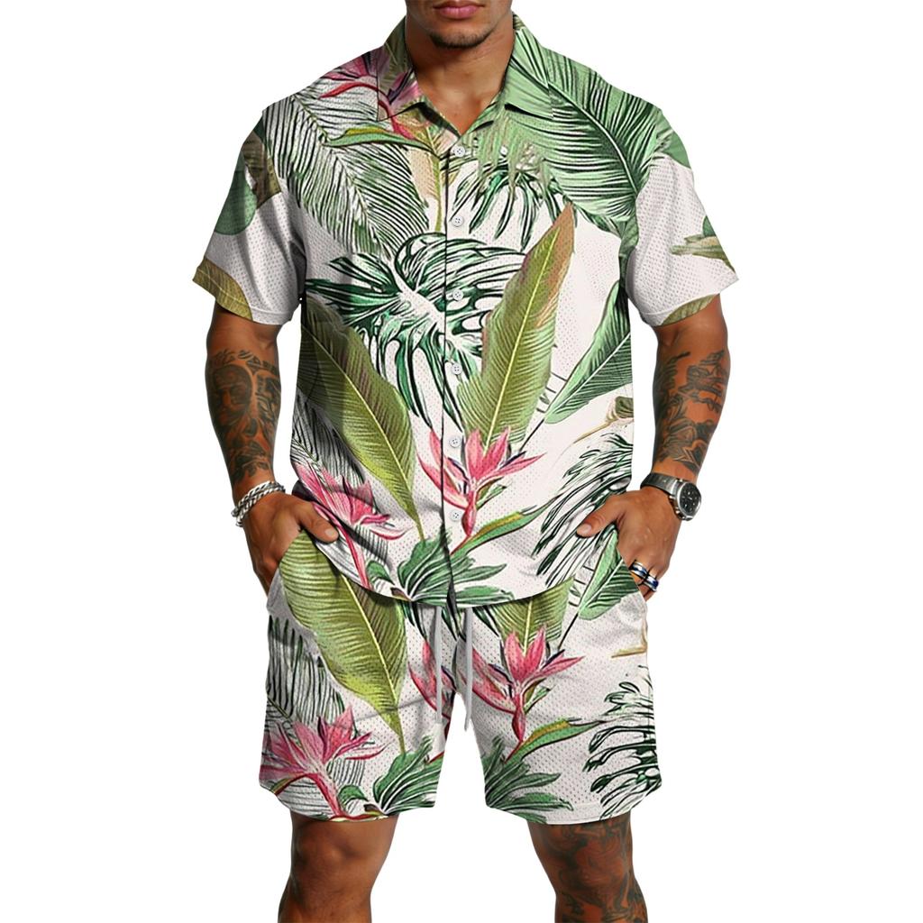 Men's Casual Printed Top and Drawstring Shorts Set Lightweight Breathable Set for Summer