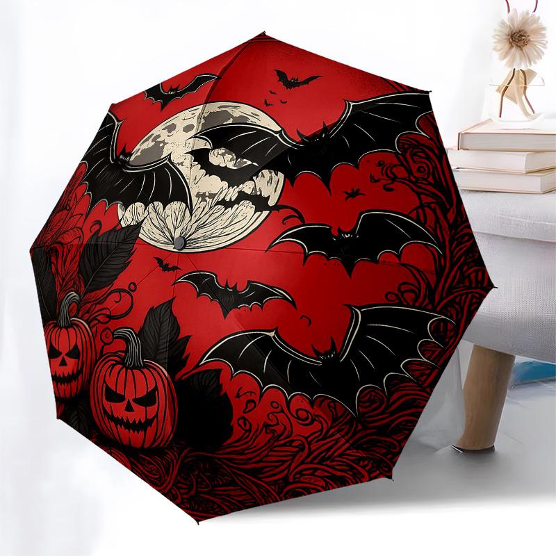 Halloween Moonlit Night Bat & Pumpkin Decorative RoundelUmbrella, Portable 3-Fold Compact Umbrella for Men & Women Gift