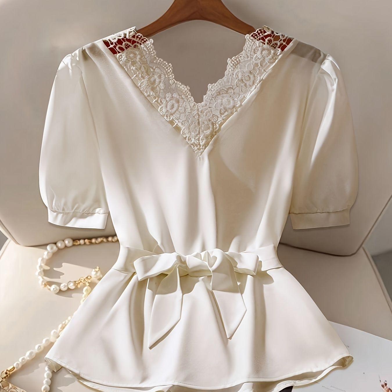 Plus Size Women s Elegant Lace Patchwork Short-Sleeve Tie-Waist Top for Spring/Summer 0XL