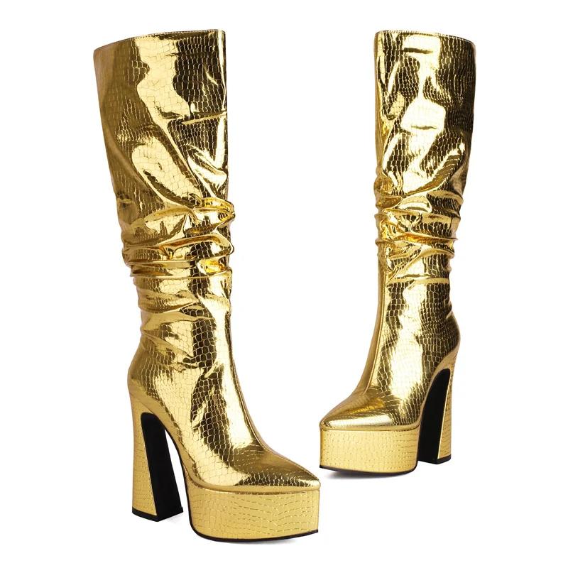 Gold Pleated Knee High Platform Boots Women Chunky Heels Sexy Silver White Croc Party Club Ladies Zipper Pointed Toe Long Boots