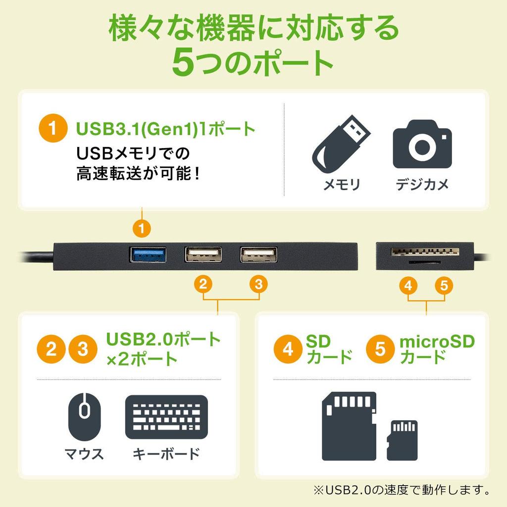 Sanwa Supply USB-hub Tilkobling x 1 x 2 kortleser Svart Type-C (USB3.1/3.0-port/USB2.0-porter/SD-kort/microSD inkludert) USB-3TCHC16BK