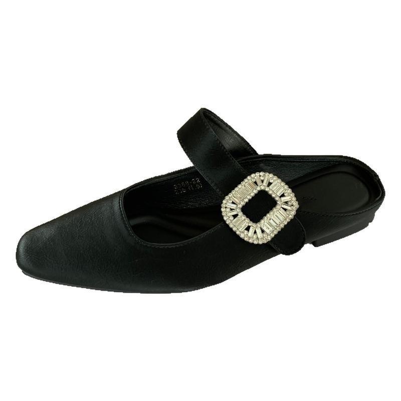 Flat-bottomed French Bag Head, Half Slippers, Outer Wear Women's Shoes, Spring and Summer 2025 New Rhinestone Belt Buckle Silver Sandals