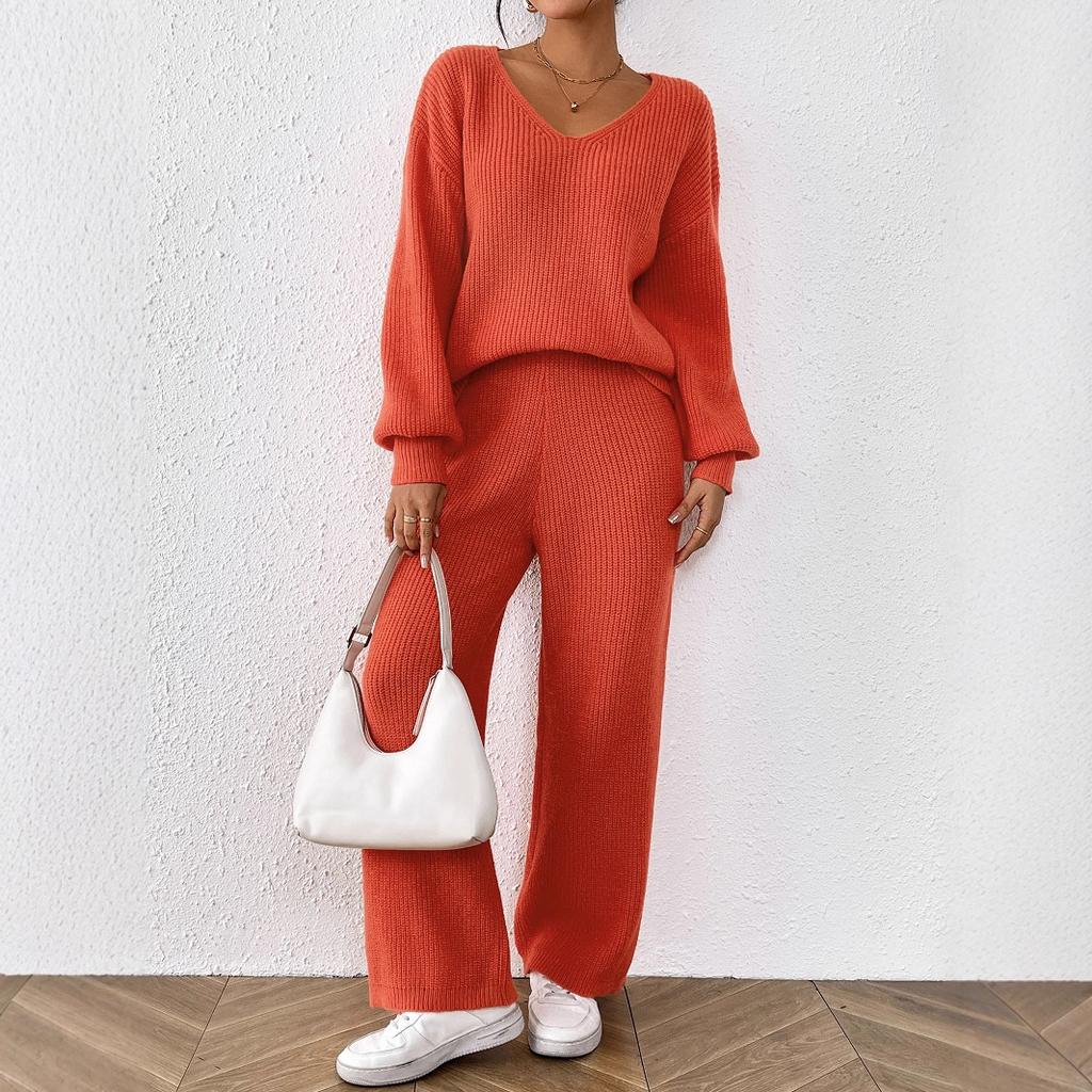 Women's minimalist casual fashion knit set: V-neck loose top + solid color wide-leg straight-leg pants sweater two-piece set