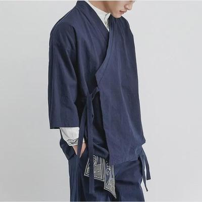 Men's Loose Hanfu Cardigan: Ancient Chinese Buddhist & Taoist Style with Three-Quarter Sleeves