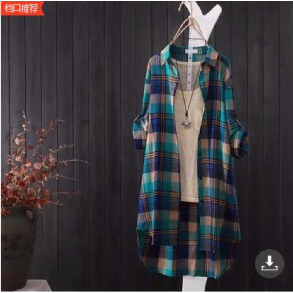 Women's Point Collar Long Sleeve Plaid Blouse Loose Fit Casual Cotton Tunic Shirt Outerwear