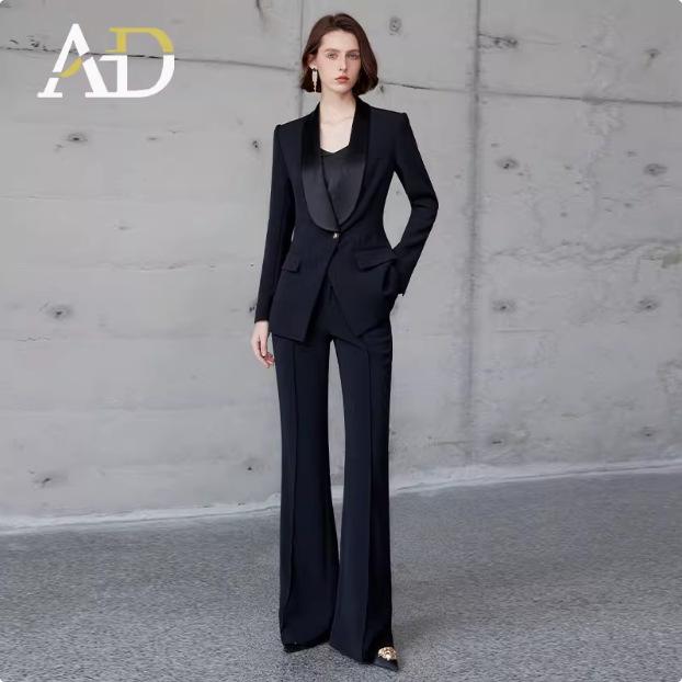 Women's Presidential Style Acetate Pantsuit: High-End, Professional, Slimming, Wide-Leg Two-Piece Set.
