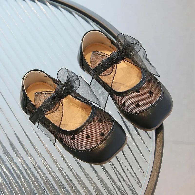 2024 Summer New Children Flat Shoes Girls Mesh Bowknot Casual Shoes Kids Square Toe Non-slip Leisure Comfy Baby Shoes