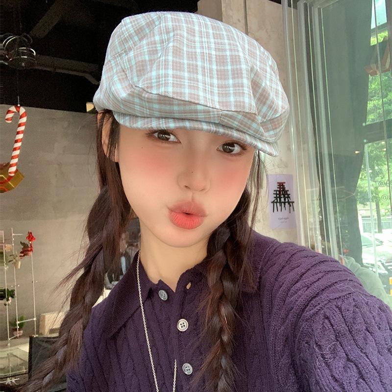 Japanese Retro Plaid Forward Hat Female Spring Summer Atmosphere Reverse Wearing Beret Show Face Small Newsboy Painter Hat