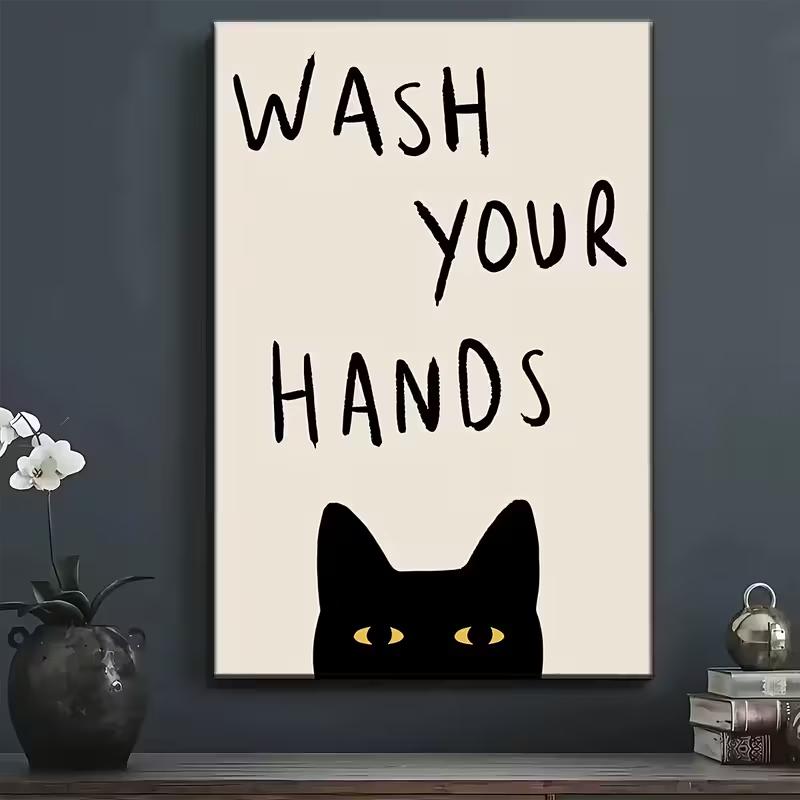 Stampe Poster su Tela "Gatto Divertente Vintage" "Lava le Mani", Pittura Decorativa Murale Stile Moderno, Adatto per Bagno,