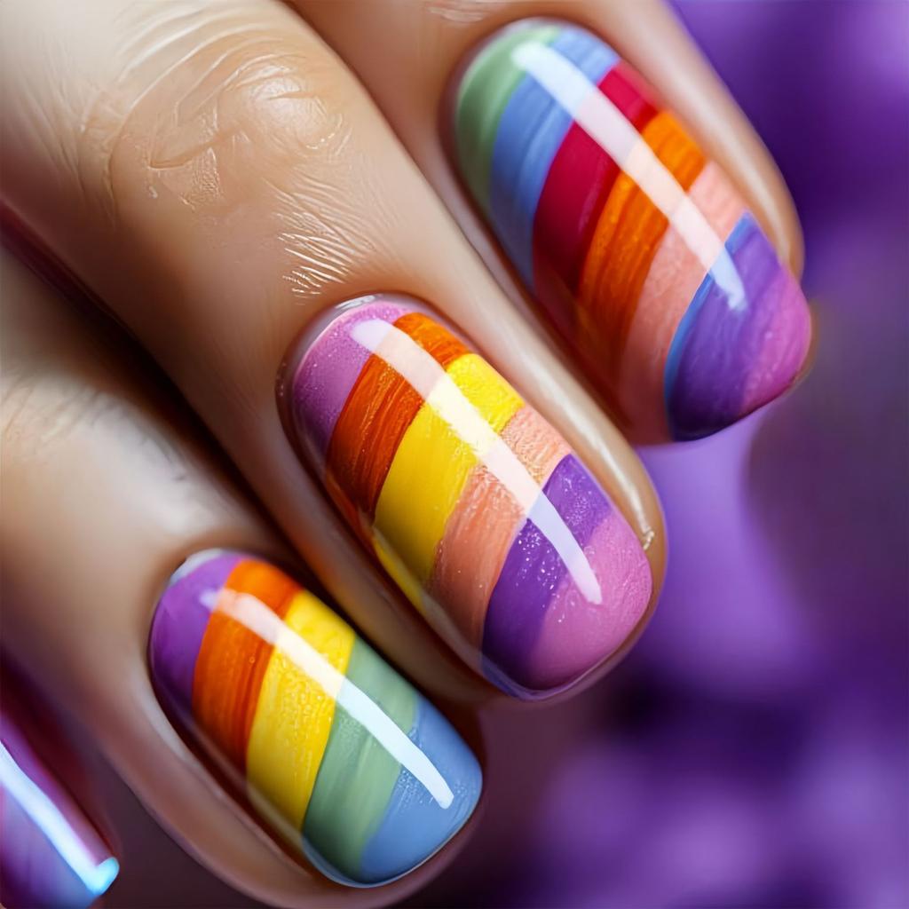 24 Pcs Medium Square False Nail Stripes Press On Nail Rainbow Acrylic Nail Glossy Full Cover Stick on Nail for Woman