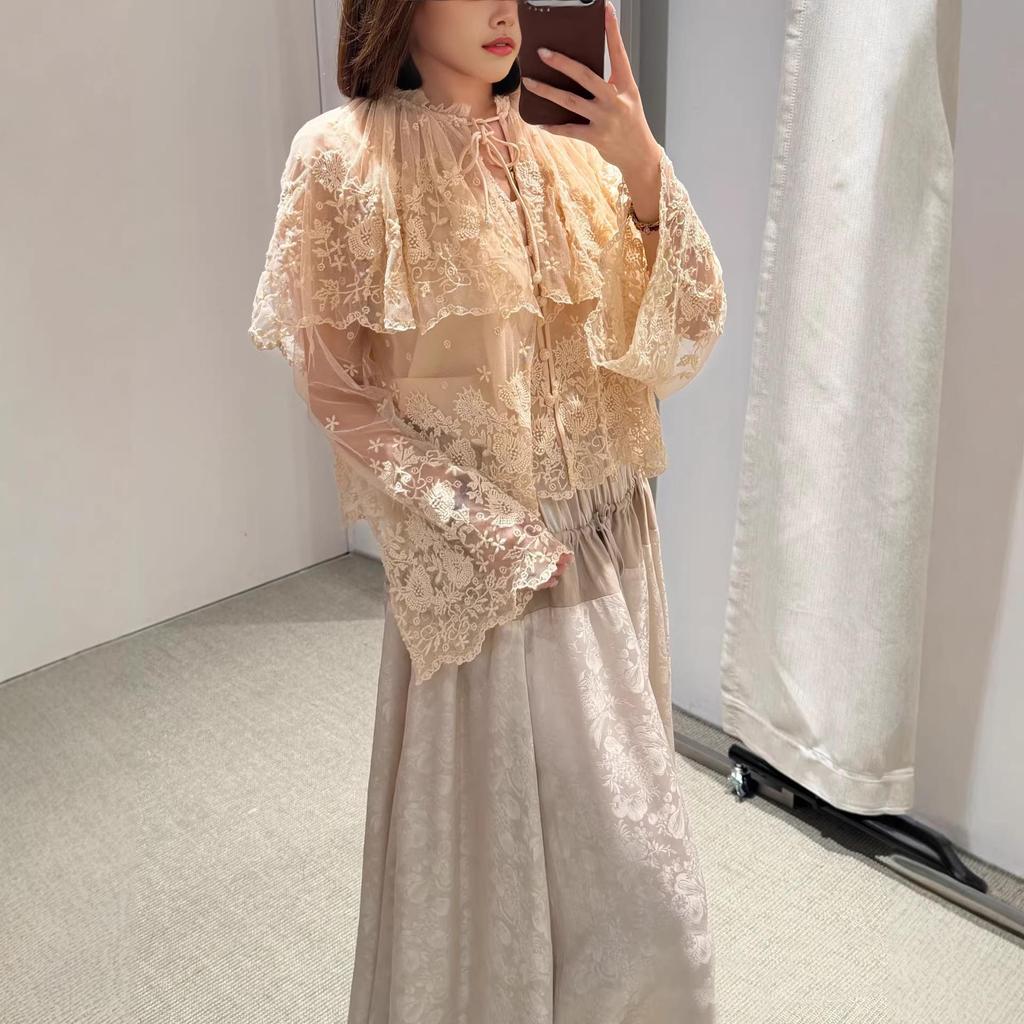 SE Designer 26 Spring Lace Shirt: Double-Layered, Sheer Mesh, Floral Embroidered Cape Cardigan