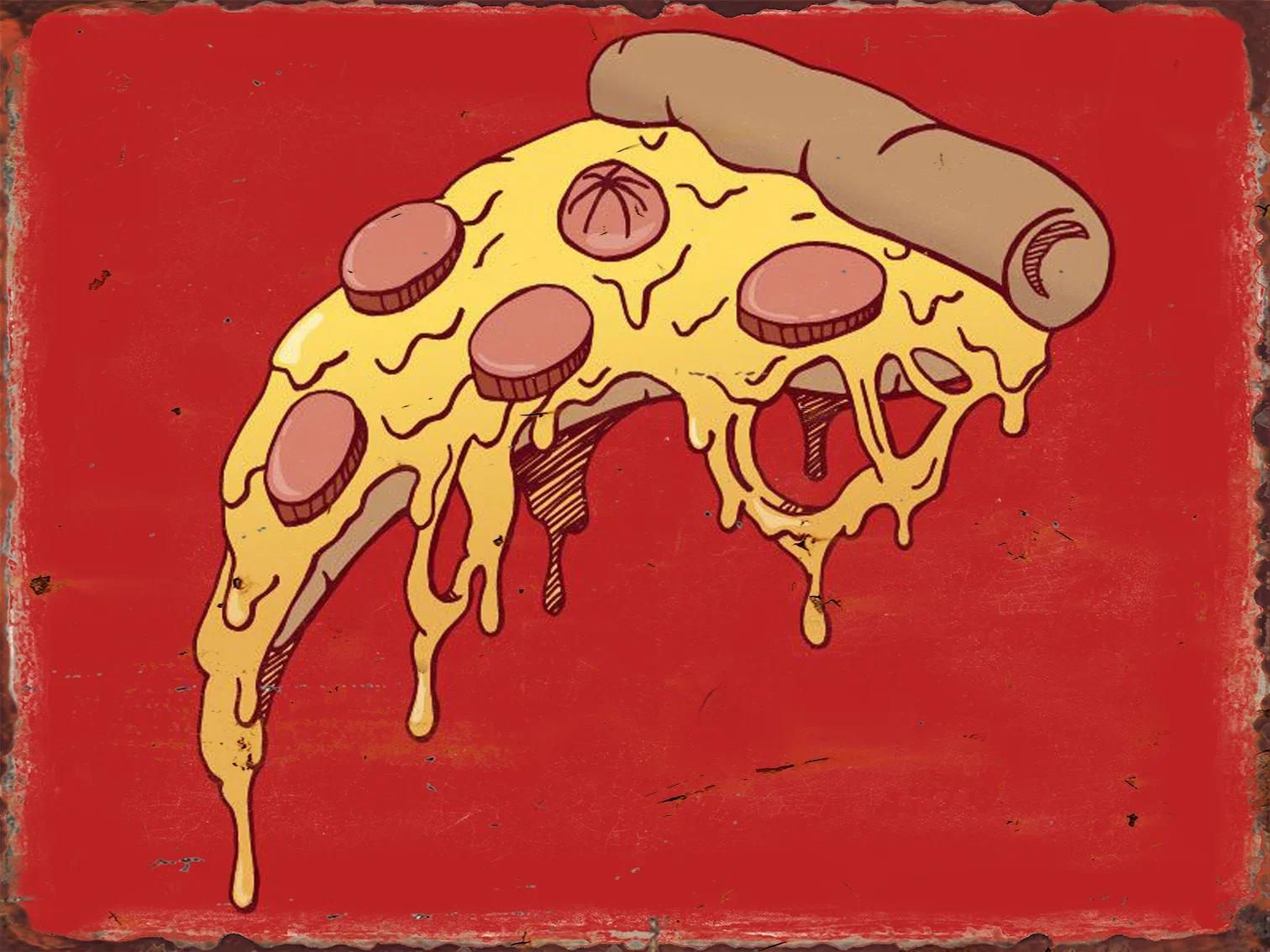 Мультяшный постер Пицца Металлическая жестяная табличка Вкусные смешные картинки для декора продуктового магазина Эстетика Настенная декоративная табличка Украшение комнаты 30x20cm