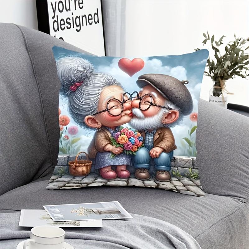 1Pc Elderly Couple Kissing Love Printed Throw Pillow Cover, Suitable For Sofa, Bedroom, Living Room, Romantic Gift For Spouse.