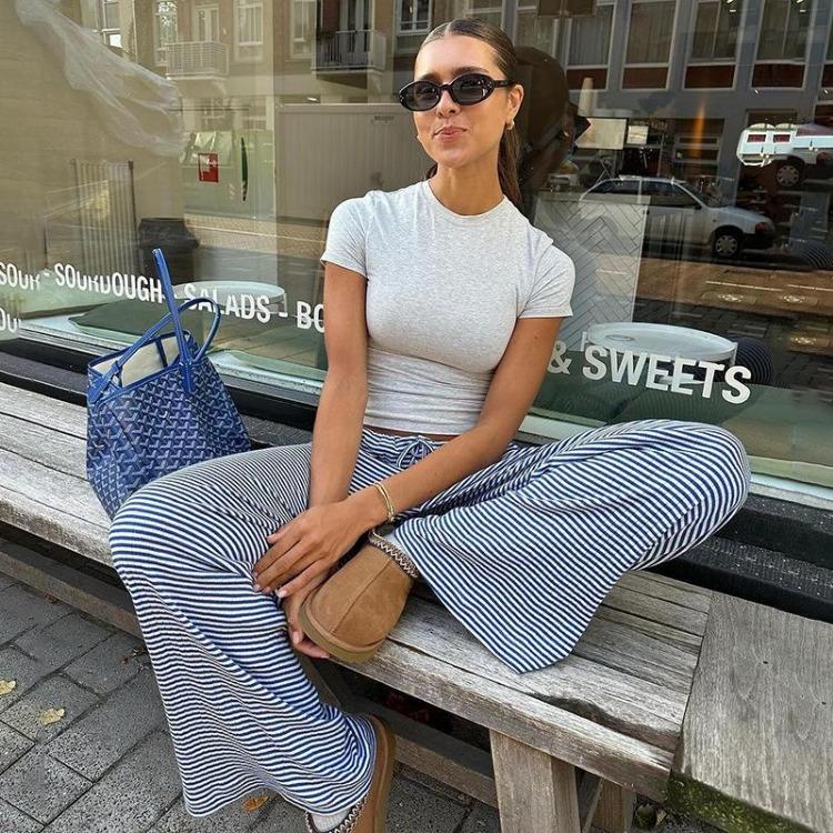 New High Waist Loose Straight Leg Pants for Women American Style Casual Striped Trousers with Lace Up