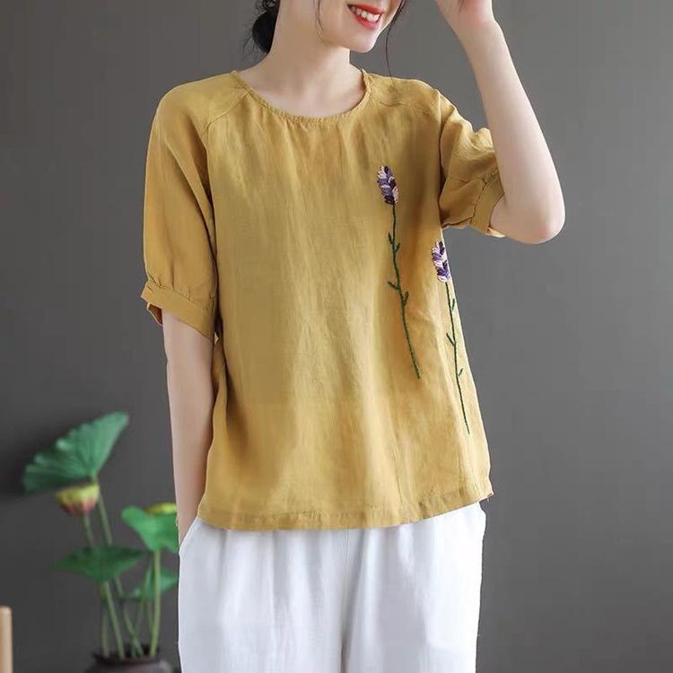 Classic Flower Embroidered Cotton Linen Round Neck Short-sleeved T-shirt for Women In Summer New Large Size Loose Versatile Top for Women