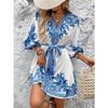 New Women's Printed V-Neck Dress, Three-Quarter Elbow Sleeve Tie Waist A-Line Midi Dress for Summer Casual Party Daily Wear