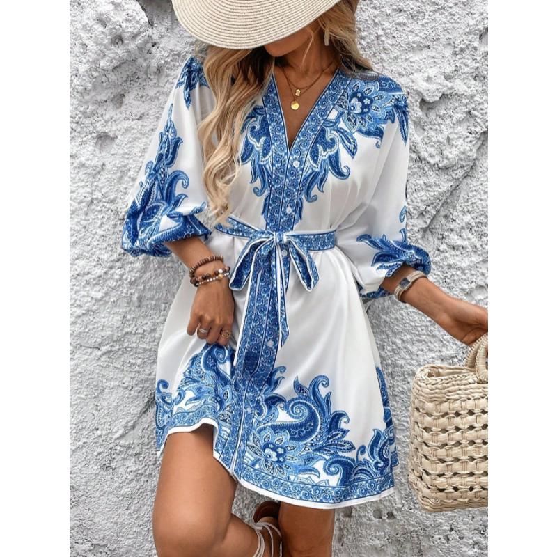 New Women's Printed V-Neck Dress, Three-Quarter Elbow Sleeve Tie Waist A-Line Midi Dress for Summer Casual Party Daily Wear