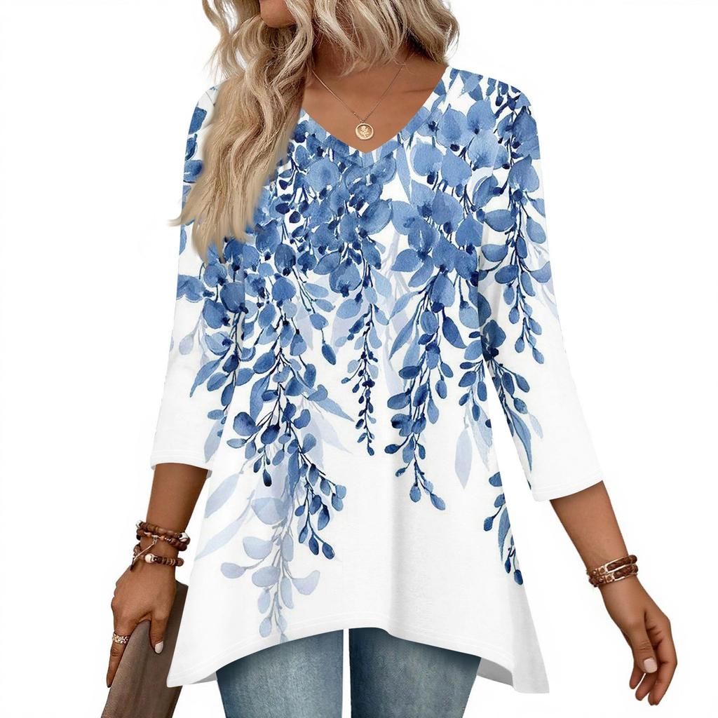 Dámské topy s výstřihem do V a 3/4 rukávem, ležérní košile střední délky, módní tuniky s potiskem