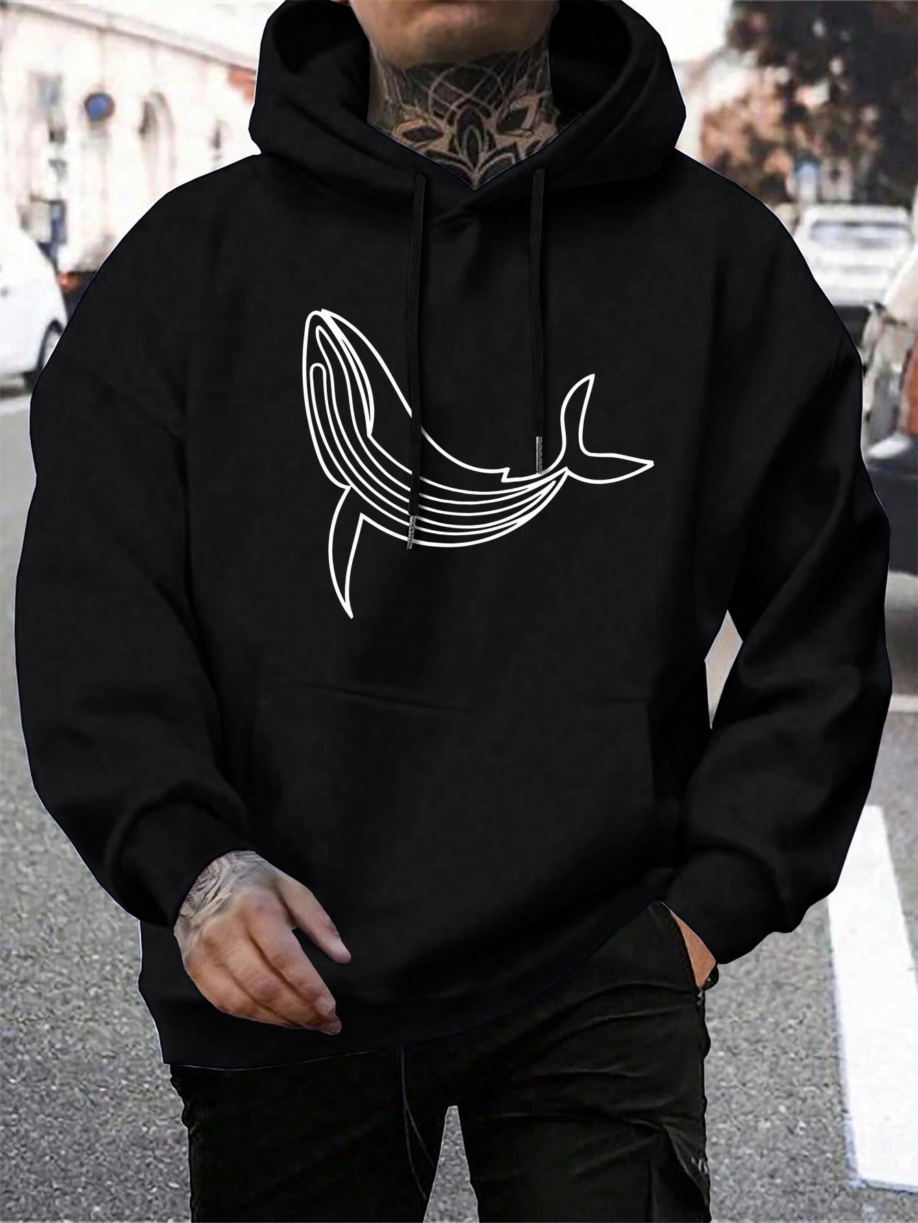 

Whale Sketches Composed Of Lines Design Hoodies Male Soft Pocket Pullovers Fleece Retro Hoody Autumn Warm Mens Long Sleeve 2XL