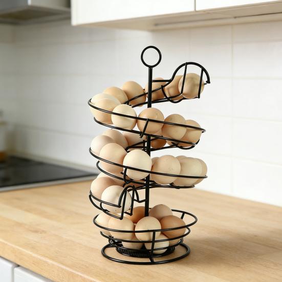 Spiral Egg Holder Kitchen Countertop Fresh Egg Storage Rack Heavy Duty Metal Egg Organizer Skelter Dispenser with Storage Basket