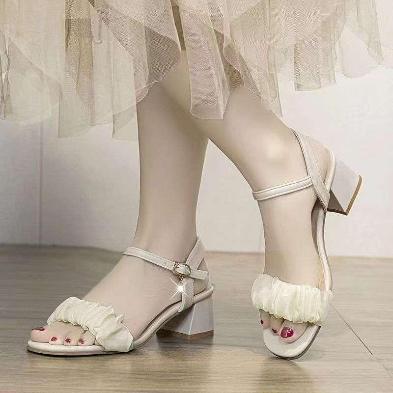 

Net sand word with sandals crystal fairy wind medium heel French sandals women s thick heel thin strap high heels women s 35