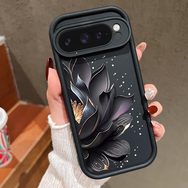 Black Rose Lotus Flower Pattern Phone Case For Google Pixel 8 7 Pro 8A 9 Pro XL Candy Color Soft TPU Silicone Shockproof Cover For Pixel 9 8 7 Pro