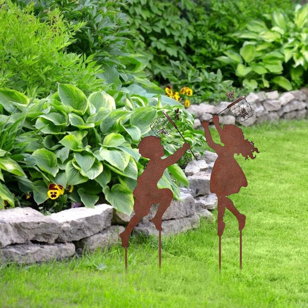 Vintage Metal Garden Silhouette Sculpture - 1 Pair Boy Girl Catching Butterfly Decorative Stakes, Outdoor Decor, Yard Art Stakes for Spring