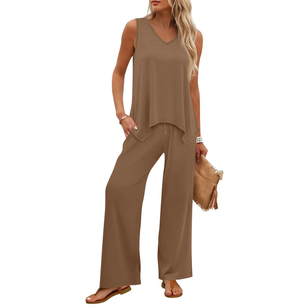 Women Sleeveless Tank Top and Wide Leg Pants Two Piece Set Casual Lounge Wear Travel Vacation Outfit Soft Fabric Relaxed Fit