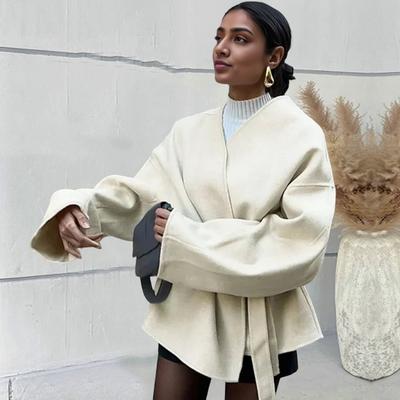 Yousheng Women Wool Coat Thick Loose Short Trench Coat with Belt Open Front Peacoat Jacket Winter Warm Overcoat
