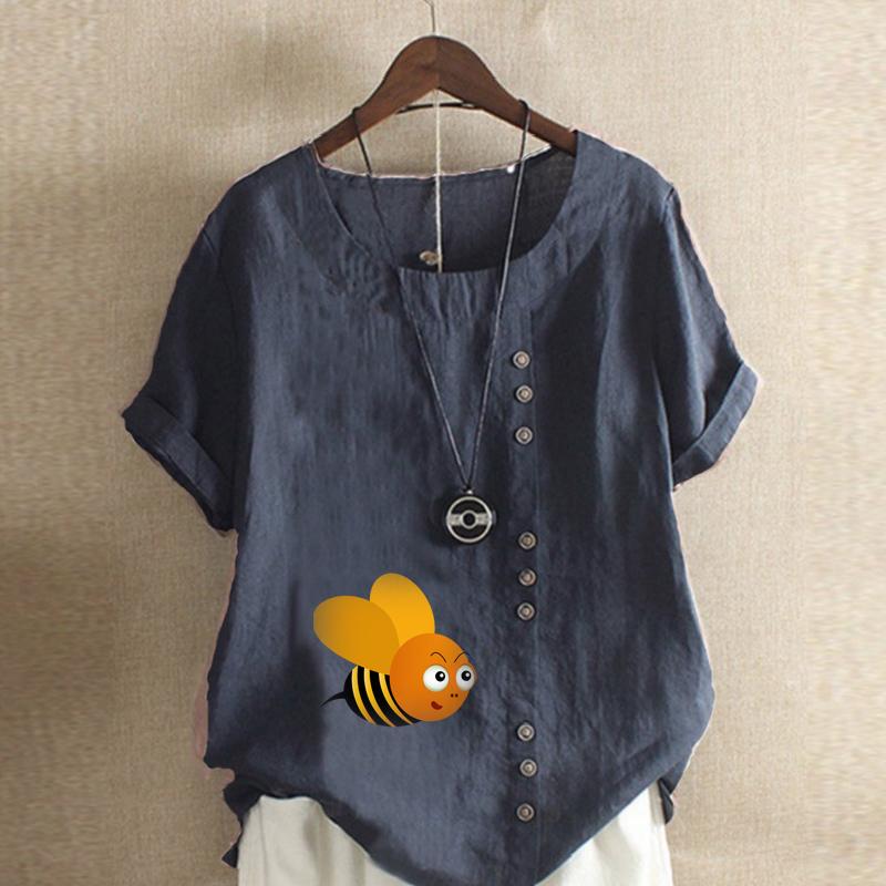 Women's Fashion Round Neck Short Sleeve T-shirt Casual Cotton Linen Graphic Shirt Leisure Loose Honeybee Prined Summer Blouse Tops