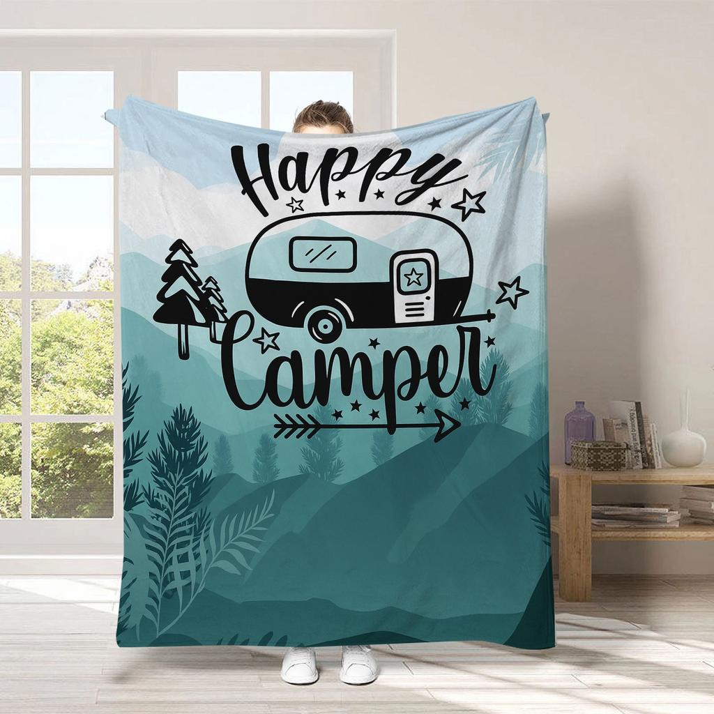 Flannel Throw Blanket Soft Cozy Naptime Blanket with Rustic Camping Print All-Season Throw for Outdoor Lovers – Sofa Decor Gift