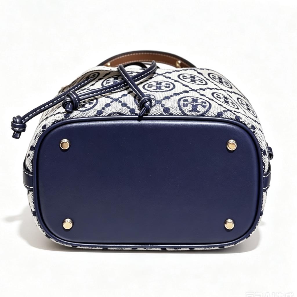 Tory Burch T Monogramm Buchstabenmuster Metallschnalle Stoff und Leder Beuteltasche Mini Damen Taschen Marineblau Grau 181375-405