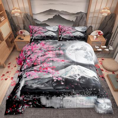 Japanese Ukiyoe Set Queen Size Fuji Mountain Scenery Quilt Set for Women Teens Men Home Room Decor Pink Cherry Blossoms Tree