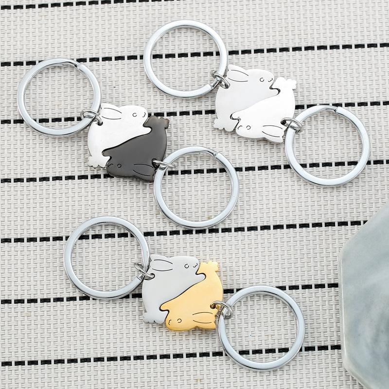 Cute Cartoon Rabbit Stainless Steel Keychain Lovely Animal Design Fashion Couple Keyring Practical Valentine's Day Gift