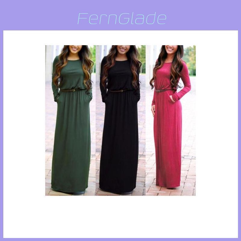 Casual Fashion Women Long Sleeve Belted Party Evening Cocktail Long Dress Maxi