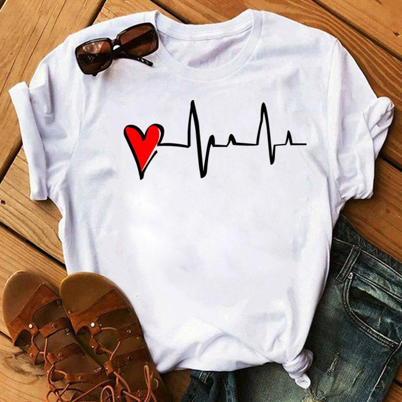Graphic T-Shirt Women Clothing Harajuku Heart Print Aesthetic Basic O-Neck Tops Casual Tshirt Tee Fashion Roupas Femininas
