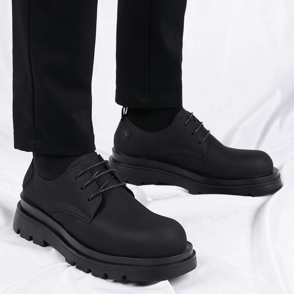 British Style Dark Black Leather Shoes Trendy Men and Women Niche Retro Matte Leather Heightening Big Head Shoes Men's Thick-soled Derby Shoes