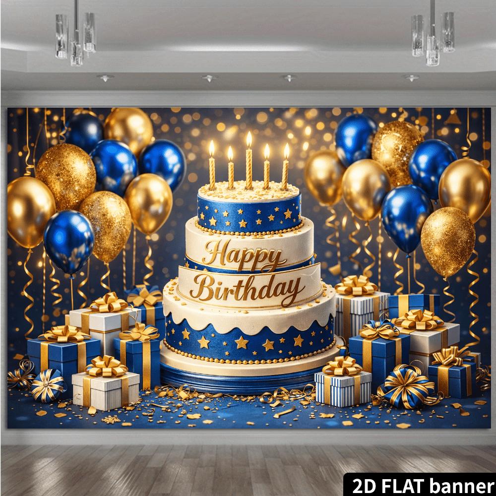 2D planar dark blue gold luxurious birthday party backdrop with a three-tier cake and "Happy Birthday" at the center.PMJ