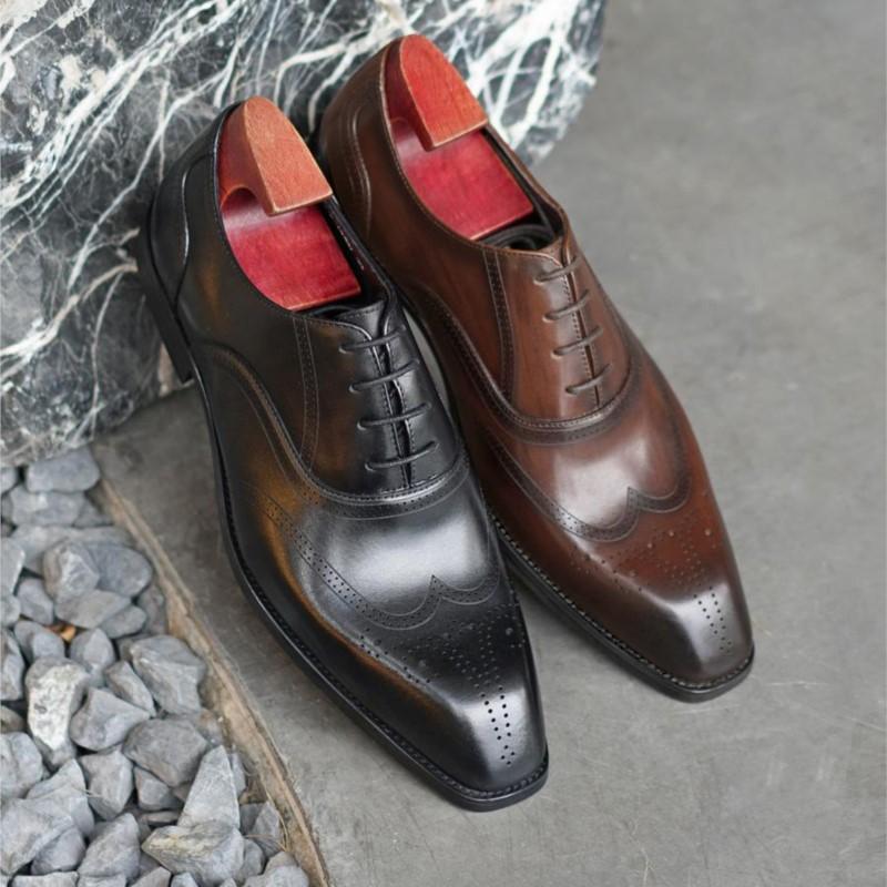 Туфли-броги с квадратным носком из натуральной кожи для мужчин. Кожаные туфли-лоферы — фото 4