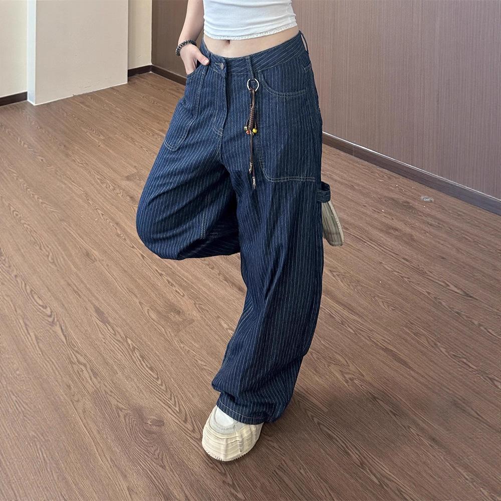 JYL Women's Cargo Jeans American Patchwork Multi-Pocket Niche Bootcut Wide-Leg Denim