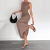 2026 Elegant Waist-Cinched A-Line Sleeveless Long Dress with V-Back In Solid Color