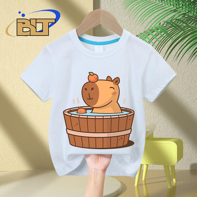 Capybara in hot tub printed Kids TShirts summer childrens pure cotton shortsleeved casual tops boys and girls gifts