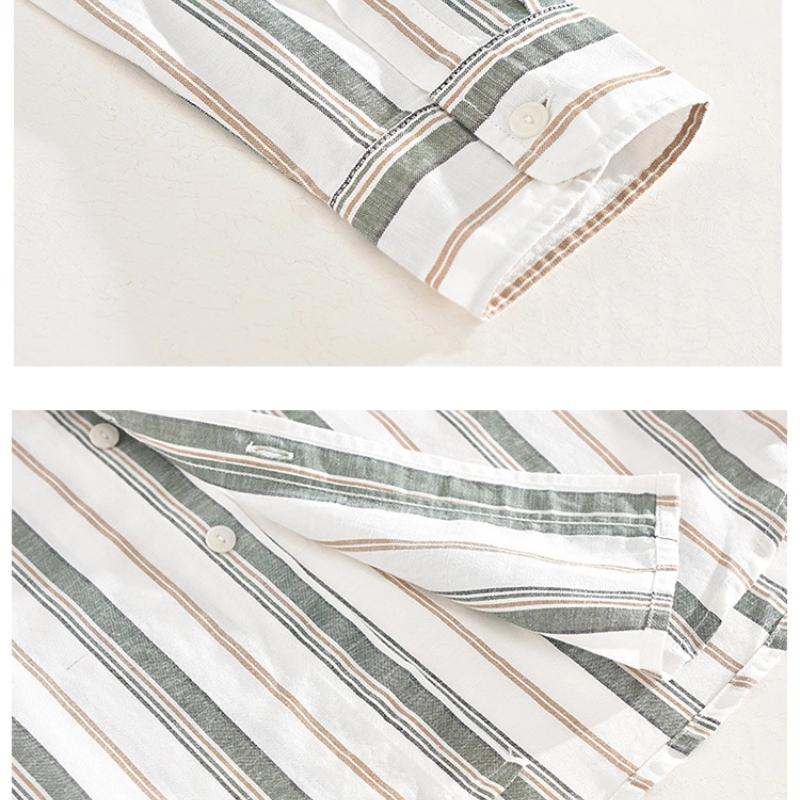 Spring and Summer Cotton Linen Men Tops Japanese Style Square Stripes Long Sleeve Shirt Youth Breathable Shirts for Men