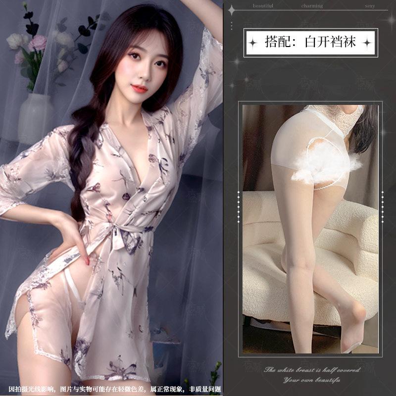 Sexy lingerie sexy butterfly print perspective lace-up deep V open kimono nightgown pajamas women